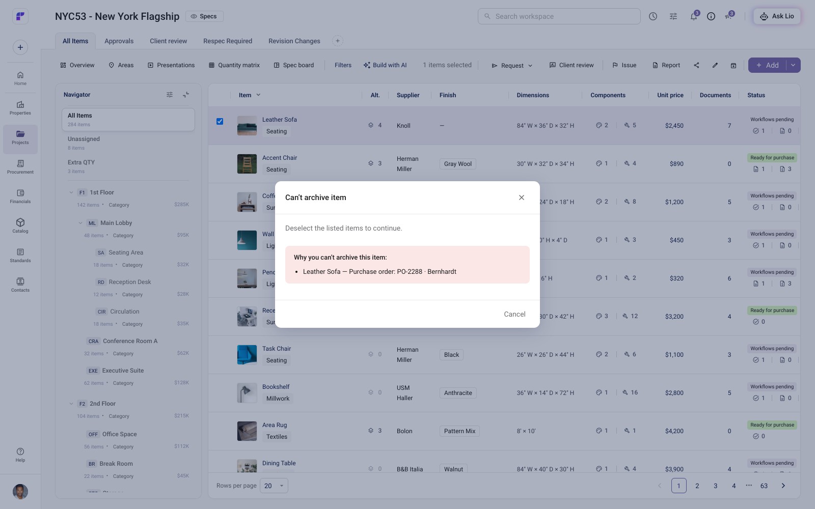 Prototype archive dialog naming the purchase order that prevents removal of an item
