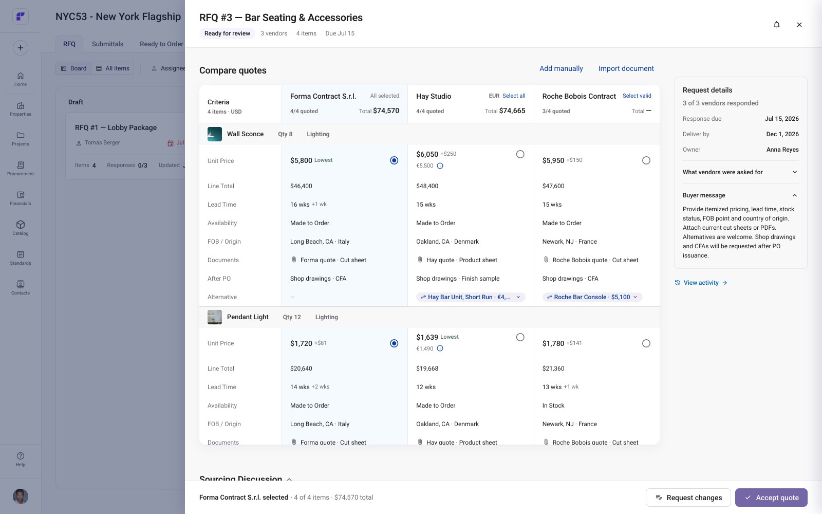 Vendor comparison with three supplier columns, pricing, lead times, availability, and alternatives