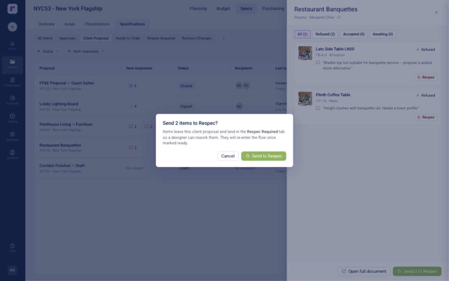 Later respec confirmation modal with a single send action