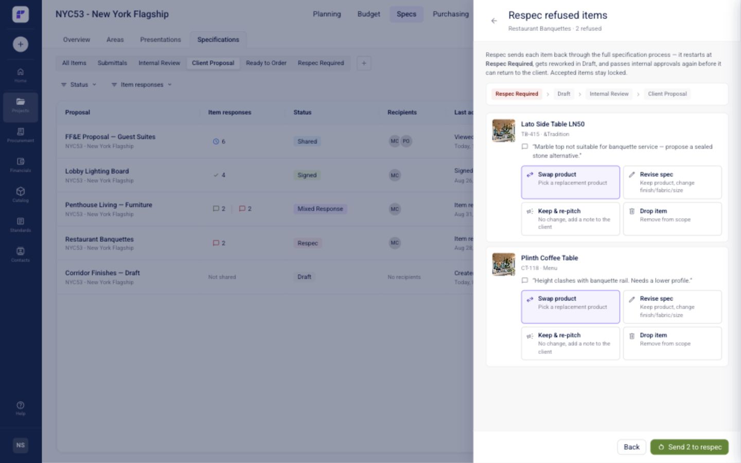 Earlier respec modal with four choices for swap, revise, keep, or drop